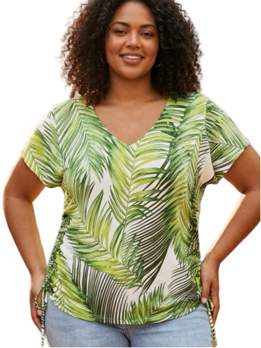Laura Plus Palm Leaf Print V-Neck Blouse Flutter Sleeve Ruched Top Plus 2X. 2154
